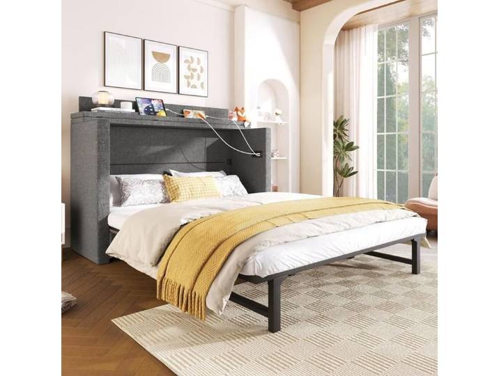 Lit escamotable - KOMHTOM - 140x200 cm - Lin gris - Tiroir & rangement - Ports USB‑C