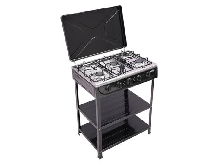 Gasherd, 5-Flammen mit Gas-Kochfeld Standherd 2 Etagen Regal, 2.5KW Erdgasofen mit 5 Drehknöpfen für Küche & Outdoor, 64 * 44.5 * 16.5cm (Schwarz)
