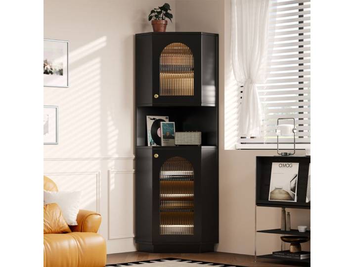 Armoire de Salle de Bain avec bande lumineuse - Colonne - avec 2 Portes - étagères réglable - meuble d\'angle 167cm de haut - Noir