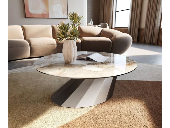 DELIFE Couchtisch Edge Rund 90x90 cm Keramik Minas Melange Parabi Edelstahl gebürstet