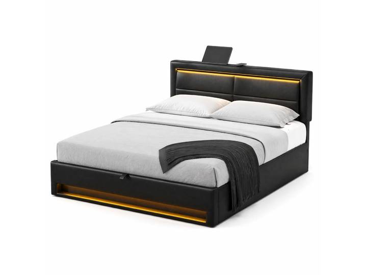 Evryae Polsterbett 140/190 mit Stauraum, LED und USB für kabelloses und kabelgebundenes Laden in Schwarz, 140x190 cm, Schlafzimmer, Betten, Polsterbetten