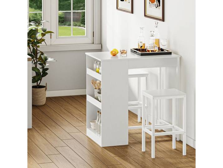 YITAHOME Table de Bar 3 Pièces - 2 Tabourets - Blanc - Étagères ouvertes - la Maison la Cuisine le Pub et le Café