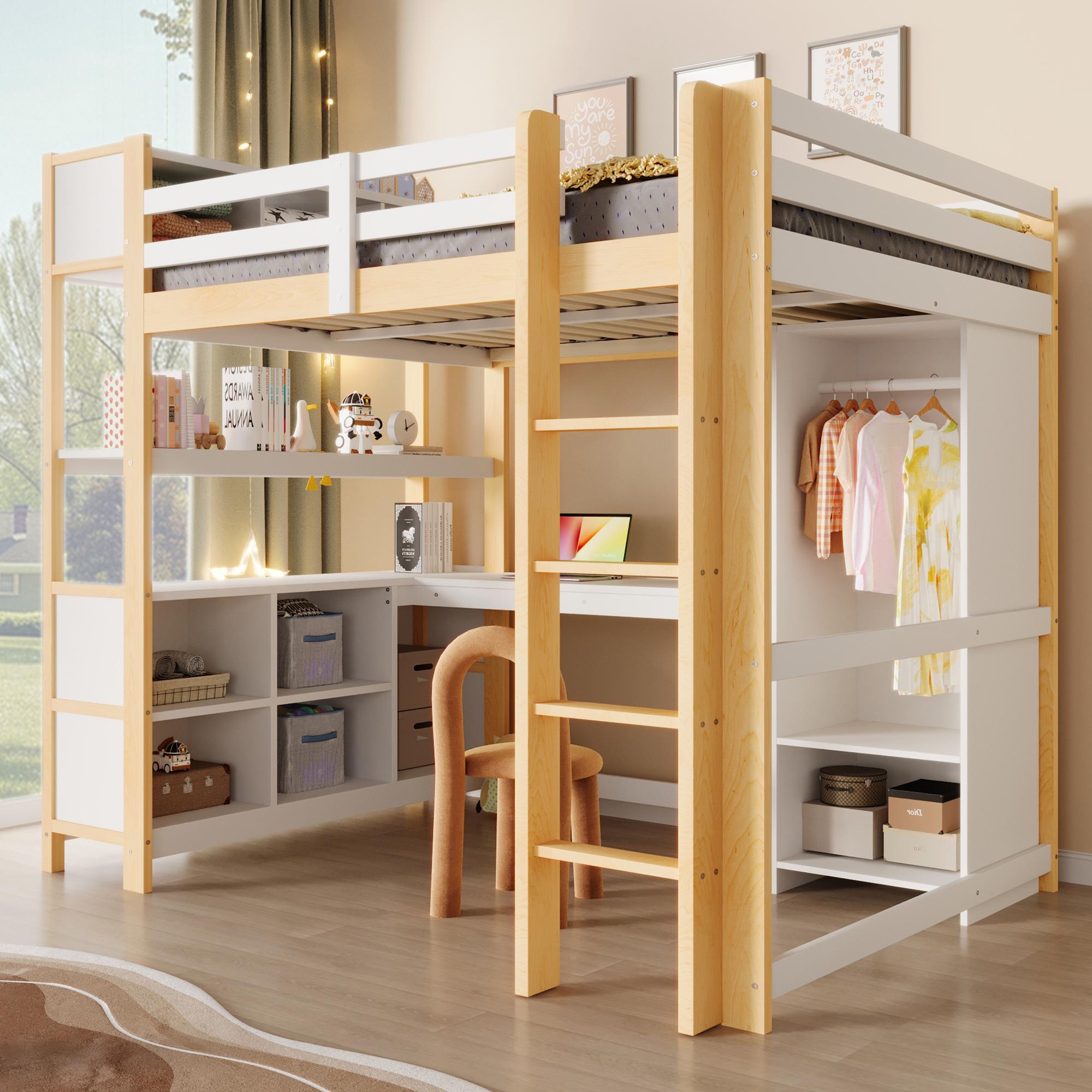 Hochbett, 140x200 cm, Regale, mehrere Ablagefächer, Schreibtisch, Kleiderschrank, ohne Matratze,Natur
