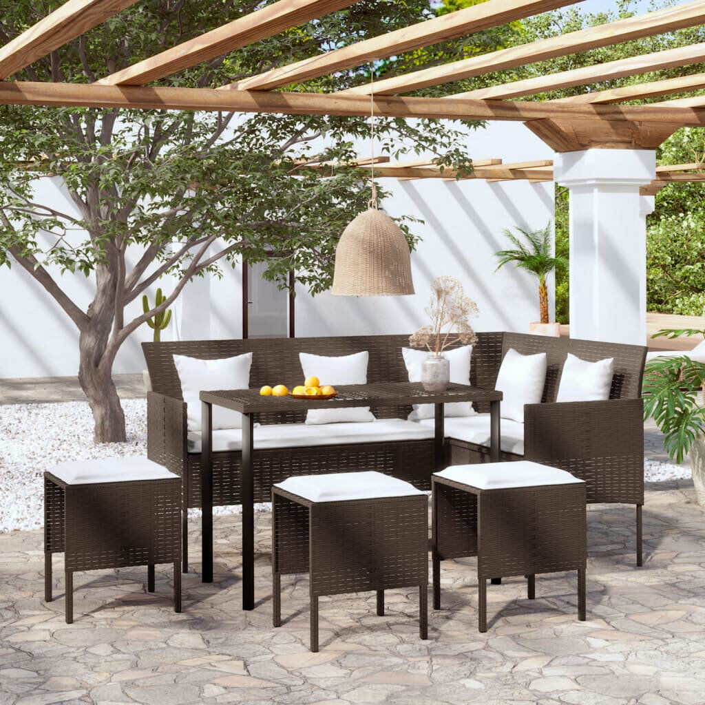 Ebern Designs L-shaped Couch Sofa Set 5 Piece with Cushions Poly Rattan White/Brown/Brown 8