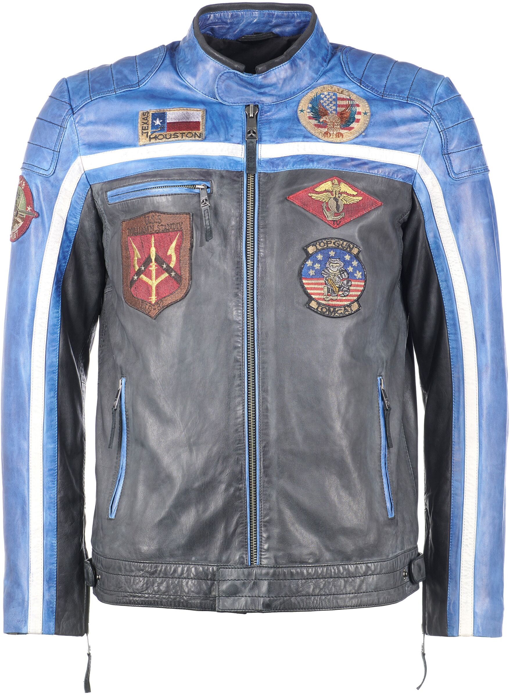 Lederjacke TOP GUN "Lederjacke TGJ1005", Herren, Gr. S, schwarz (schwarz, blau, creme), Obermaterial: 100% Lammleder LEL. Futter: 100% Baumwolle CO., Jacken Lederjacke