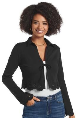 Masseys Scalloped Detail Top (Size Large) Black, Cotton,Polyester,Spandex