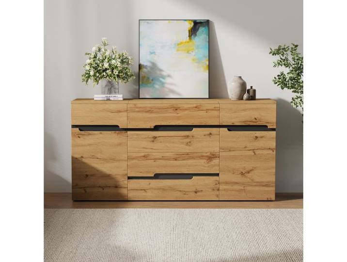 VUENOR buffet bas 160x40x80 cm bois et noir – 2 portes 4 tiroirs