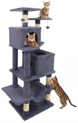 Costway 57 Inch Cat Tree with Dual Condos and Hammock and 2 Dangling Balls-Gray