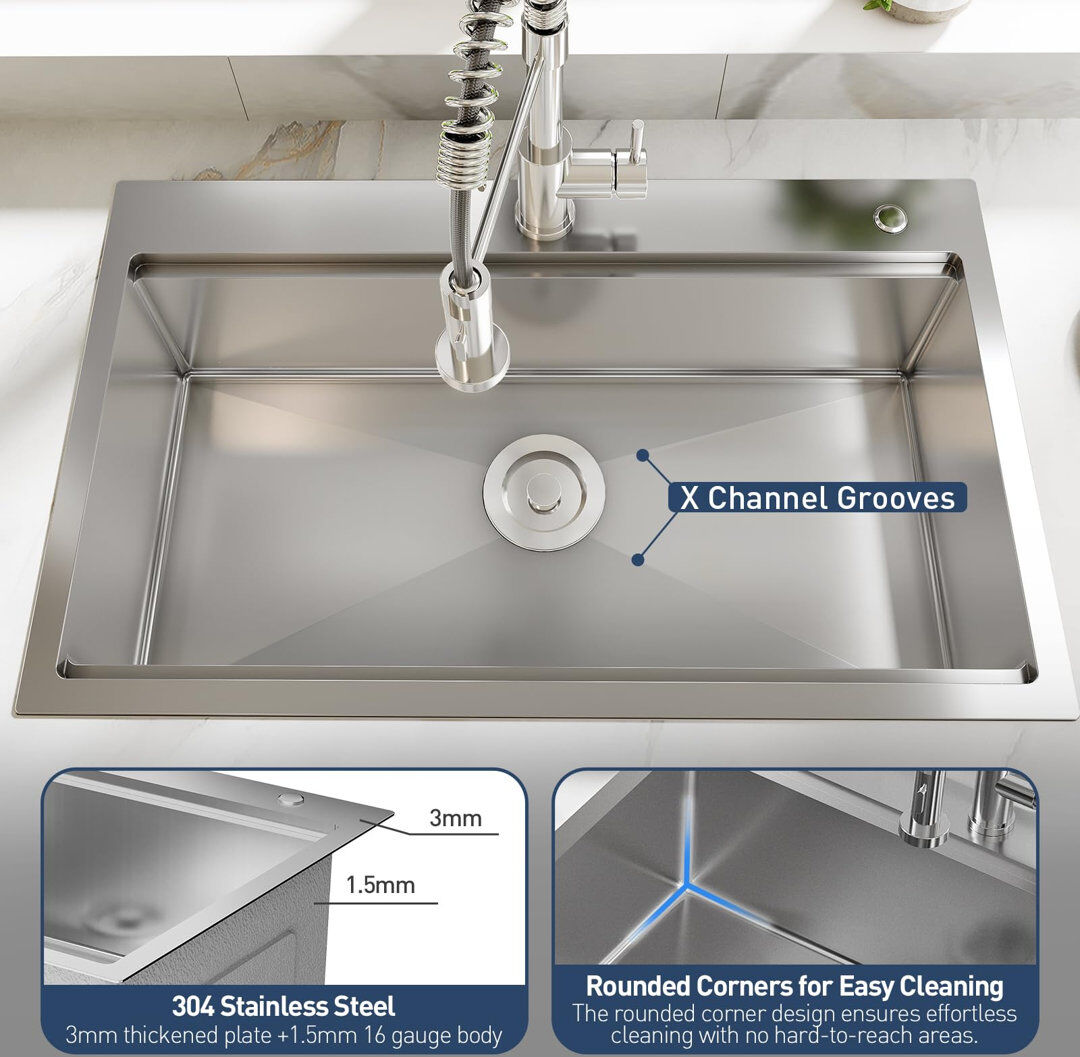 Metro Lane 558.8mm W Single Bowl Stainless Steel Drop-In Kitchen Sink with 1 Faucet Hole Stainless Steel