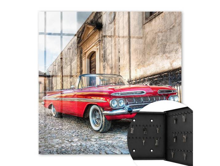 Tulup Schlüsselbox Schwarz 30x30 cm- Türöffnung nach rechts - Retro-Auto, Rot, Metall, Werkzeug/Technologie, Rechteckig, 30x30x5 cm, Garderobe, Schlüsselkästen & Schlüsselboards