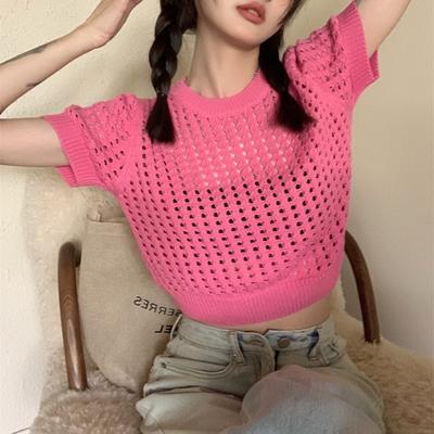 Fashion Sheath Women Mesh Knit Crop Top Mock Neck Crochet Lace Short Sleeve Pullover pink