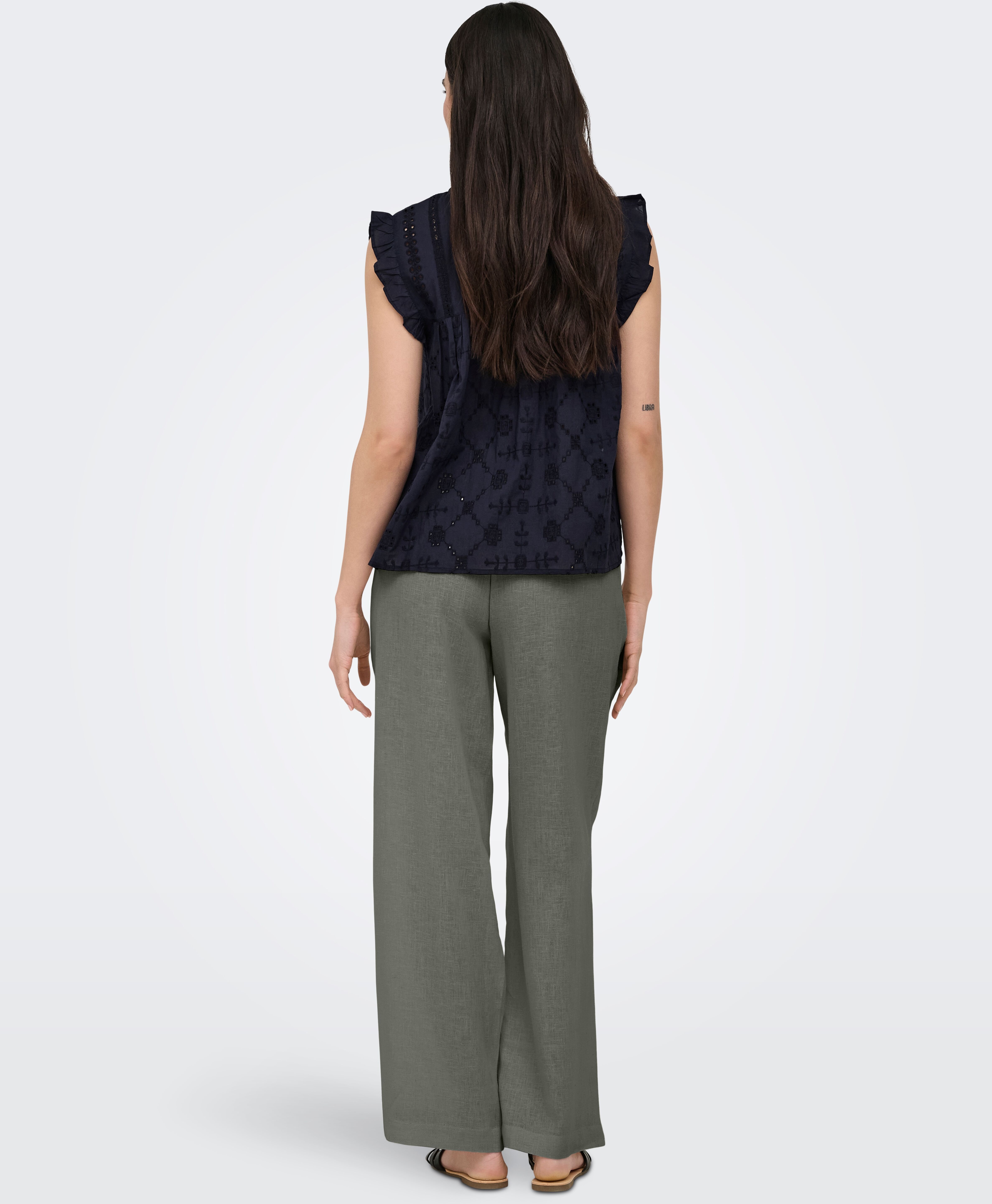 Schlupfhose ONLY "ONLBRUXELLES MW LIN BL TIE PANT PNT NOOS", Damen, Gr. L (40), Länge 32, grau (mulled basil), Web, Obermaterial: 80% Viskose, 20% Leinen, unifarben, lang, Hosen Schlupfhose, Sommerhose mit Leinen mulled basil L (40), Länge 32