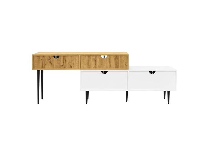 Meuble TV Armoire avec Longueur Ajustable Mobilier TV Multifonction pour Salon en Bois Naturel + Blanc Mat