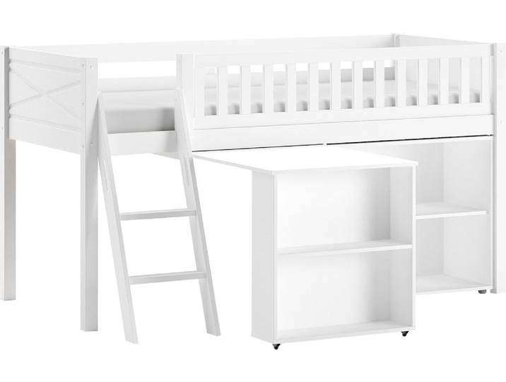 Spielbett VIPACK, weiss (weiß), B:134,7cm H:114cm L:206,7cm, Das Bett ist Kiefer massiv;Die Beimöbel MDF, Betten, Spielbett, mit viel Funktion auf kleinem Raum, LF 90x200 cm, Kiefer weiss lackiert