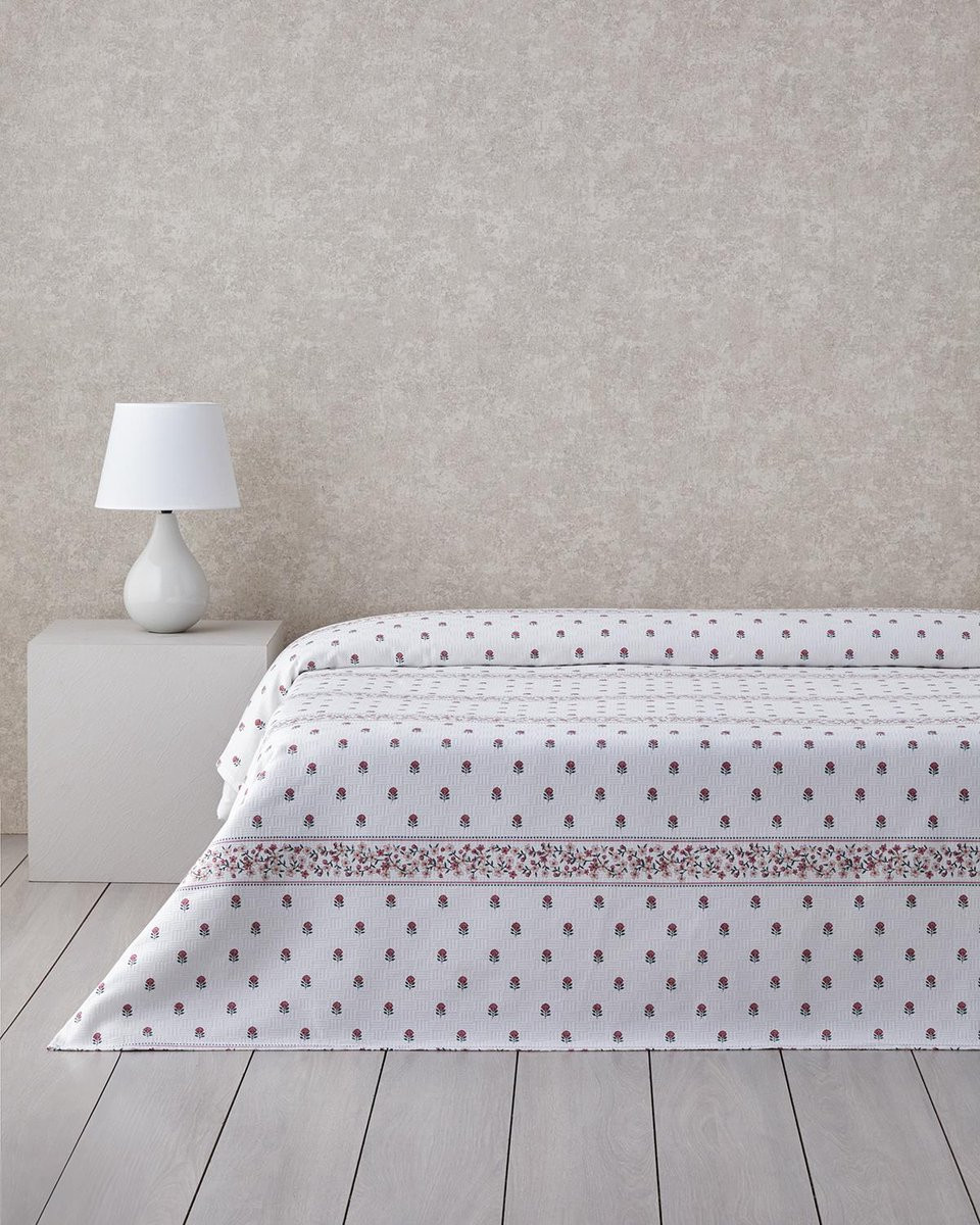 English Home Floral Lines Deken Bedsprei 100% Katoen Wit/Roze 150 x 220 cm