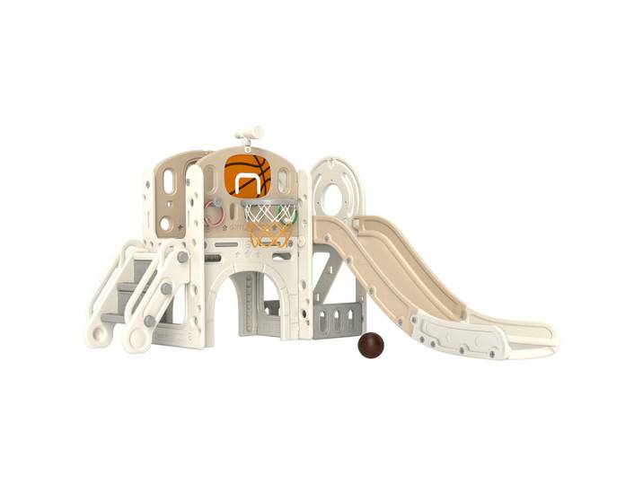 Aiyaplay Kinderrutsche, 7-in-1, Kleinkinderrutsche mit Basketballkorb, Klettergerüst, Creme, Weiß, Kunststoff, 153x111x186 cm, Freizeit & Co, Outdoor-Spielzeug