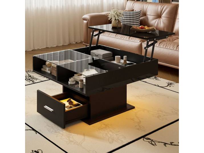 Luscriate - table basse carrée relevable - extensible - avec LED et rangement - 78x78x45.5/59.5cm - noir brillant