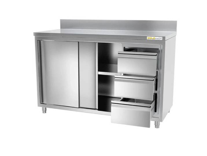 Meuble bas inox 1800x700 mm adossée avec 3 tiroirs à droite PREMIUM - GOLDINOX