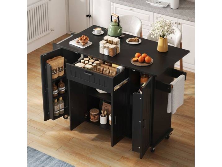 Îlot de cuisine avec plan de travail rabattable Luonians -120×45(70)×95 cm desserte de cuisine à quatre portes et un tiroir -Noir