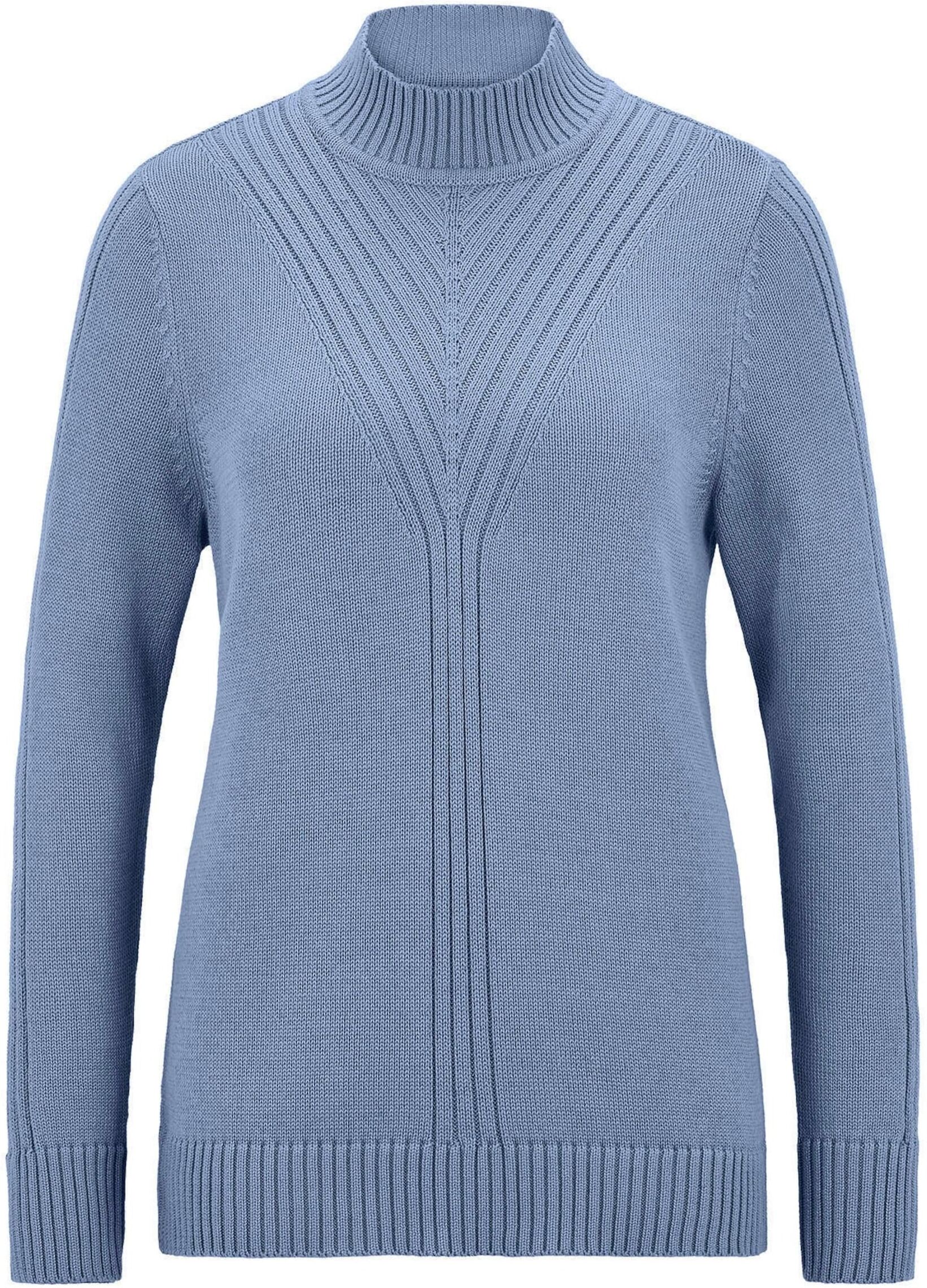 Rundhalspullover GOLDNER "Rippenpullover mit Stehkragen", Damen, Gr. 50, blau (rauchblau), Obermaterial: 50% Baumwolle CO. 50% Polyacryl PAN., figurumspielend, Rippbündchen, Pullover Rundhalspullover, platzierte Rippenstruktur im Vorderteil