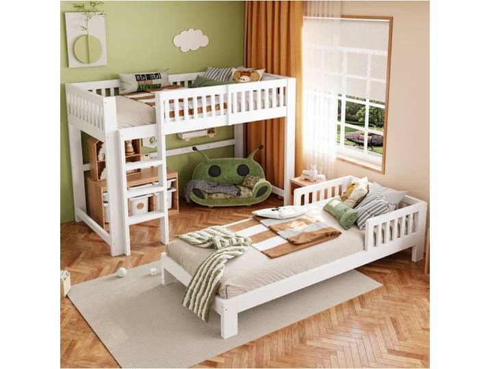 ULEVR Ensemble modulable enfant blanc 90 x 200 cm lit mezzanine et lit simple en bois avec sommiers
