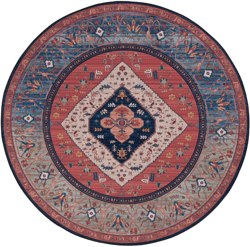 Blue Elephant Tucson Heirloom Machine Washable Non-Slip Area Rug In Rust & Blue Blue Round 244 cm
