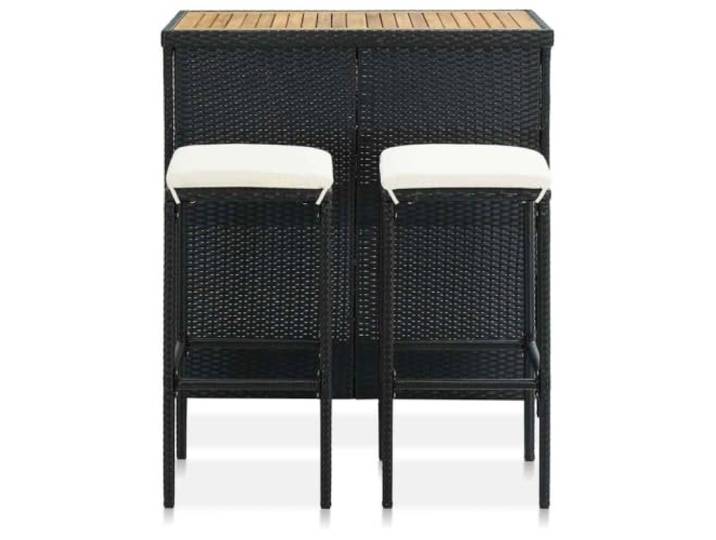 3-Teiliges Barmöbelset Polyrattan Schwarz Stahlrahmen, Tischplatte Akazi, Kissen Polyester, 2 Ablagen, Wetterfest