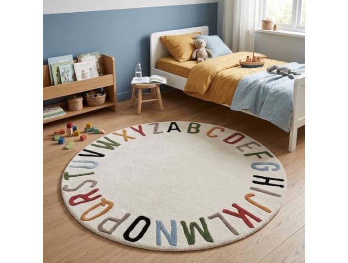 Morgenland Kinderteppich Handgetuftet Wolle Viskose Creme 120x120cm Rund 95% Schurwolle, 5% Viskose, Kollektion Kids, Kinderzimmer, Handarbeit