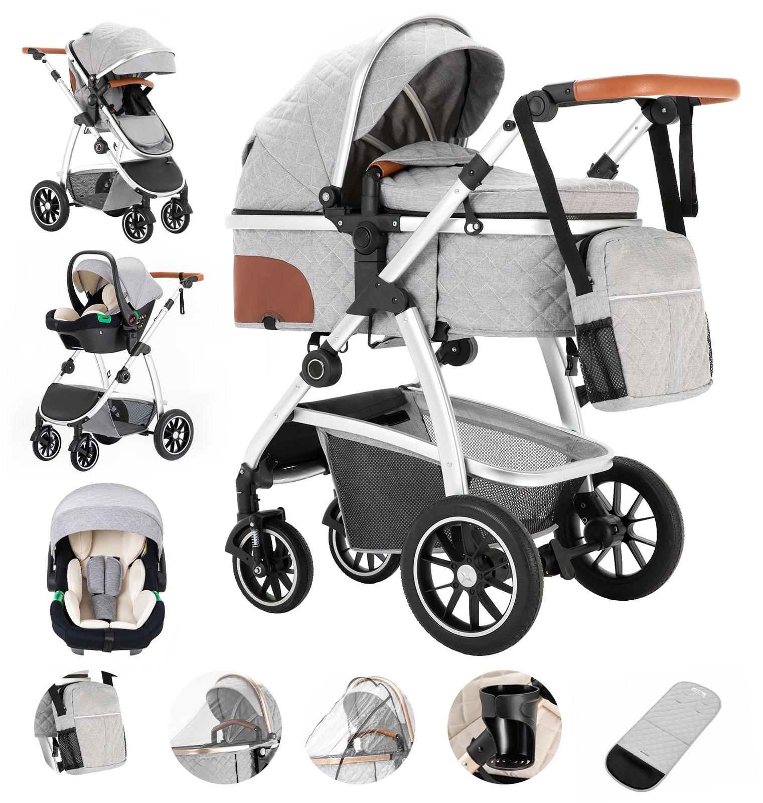 3 in 1 Kinderwagen - Reisebuggy Kombi-Babywagen - höhenverstellbarer Schiebegriff - klappbar - Moskitonetz - Aluminiumrahmen - hellgrau