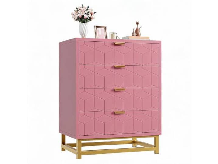 Zstar Kommode 4 Schubladen Mid-Century Holzschrank Rosa mit Goldgriffen Moderner Schubladenschrank für Schlafzimmer und Wohnzimmer mit Stauraum