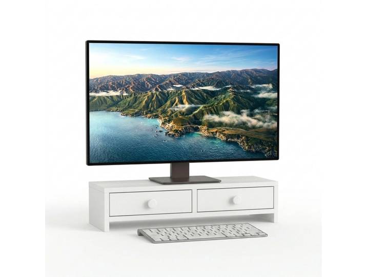 Relaxdays Monitorständer Weiß MDF 2 Schubladen 47x18x12,5 cm, Holzwerkstoff, 47x12.5x18 cm, Büromöbel, Schreibtische
