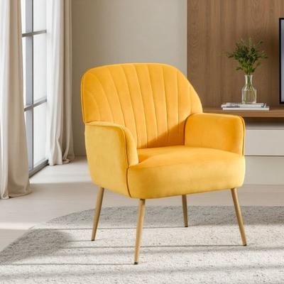 Modern Shell-Back Velvet Accent Armchair, Upholstered Single Sofa Chair with Curved Ergonomic Backrest & Metal Legs
