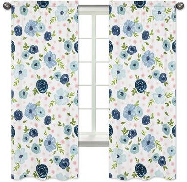 Sweet Jojo Designs Navy Blue Pink Watercolor Floral 84in Window Treatment Curtain Panel Pair - Blush Green Shabby Chic Flower