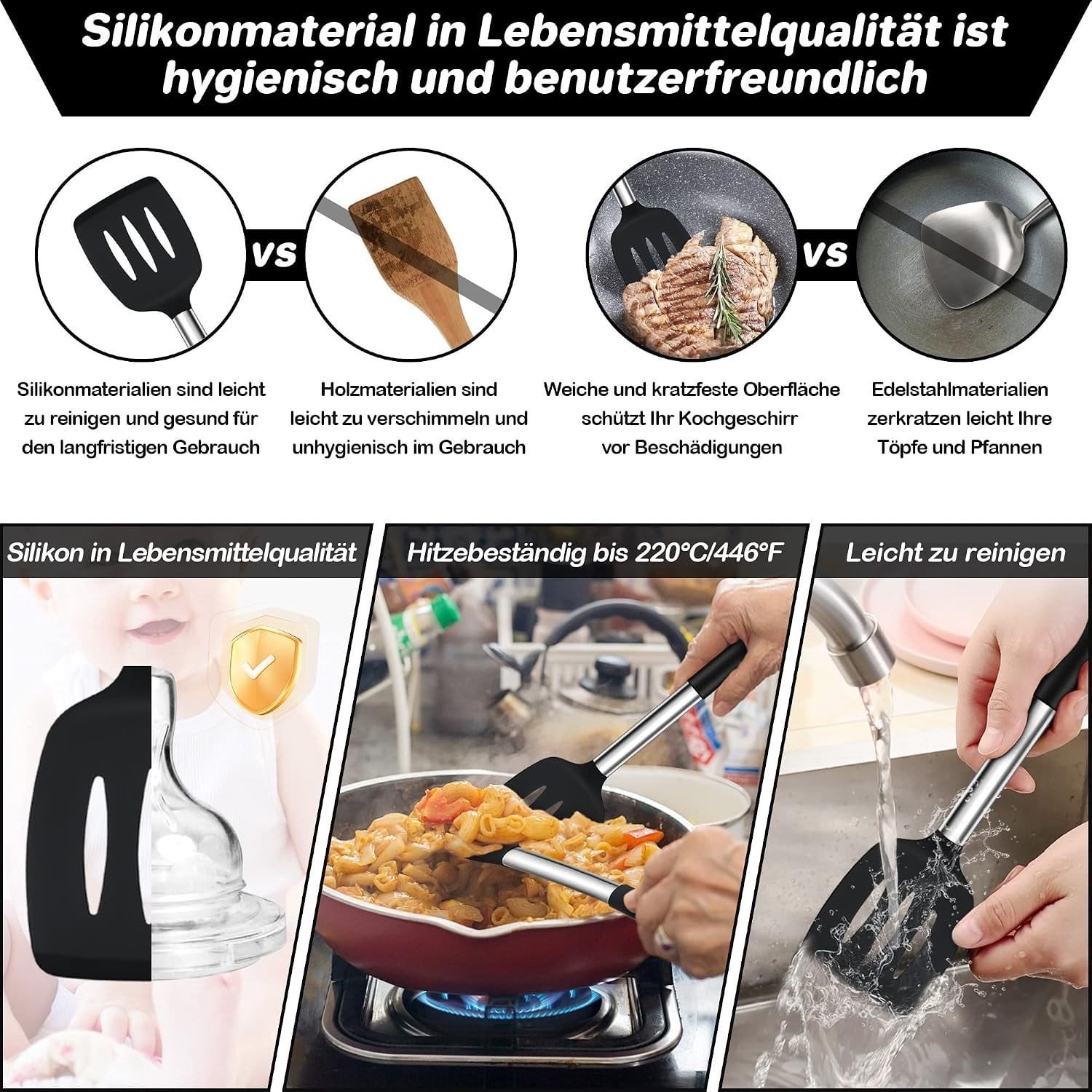 6-delige set silicone keukengerei met RVS handvat, zwart