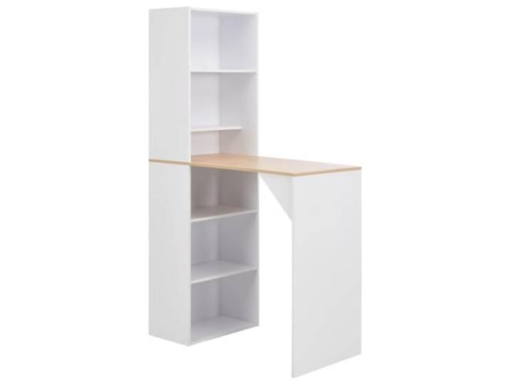 Roanoer Bartisch mit Schrank Stehtisch 115x59x200 cm Weiß Natur Kompakte Kombination aus Theke und Regal für Küche oder Esszimmer, schafft geordneten Stauraum auf kleinem Raum.