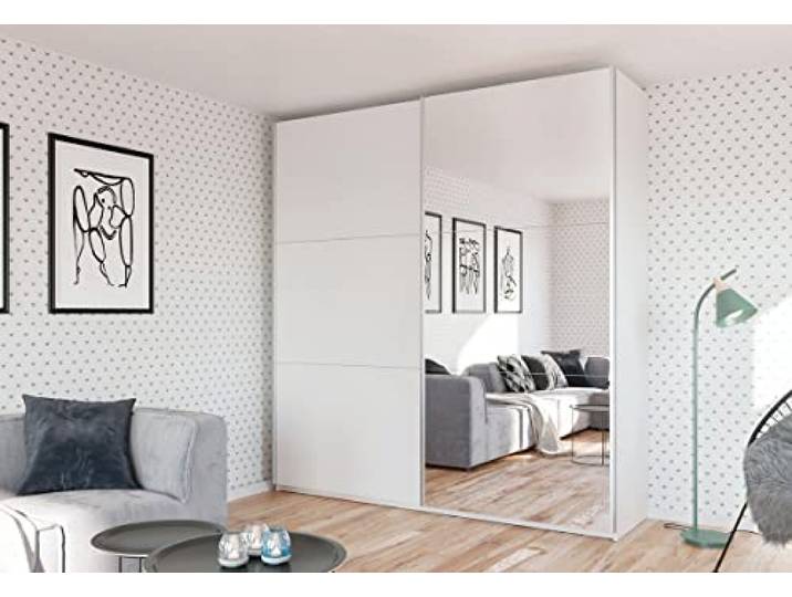 Kleiderschrank Rodos mit Spiegel 225 cm, Schwebetürenschrank, Garderobeschrank Schlafzimmer; Wohnzimmerschrank; Korpus Schrank Farbe: Weiss; Farbe der Schrankfront: Weiss; Mehrzweckschrank