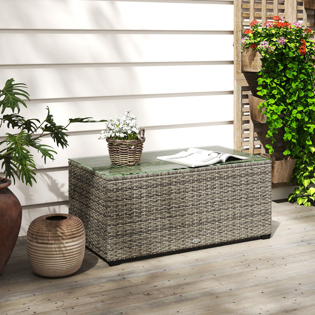 Ebern Designs Outsunny Outdoor Coffee Table Tempered Glass Top 90 x 50 x 38cm Brown Dark Grey/Black