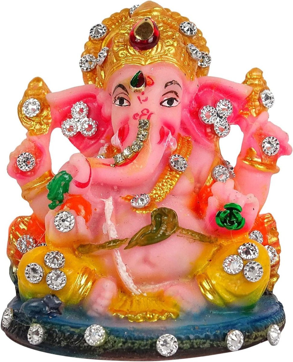 Handgeschilderd Ganesha Beeldje van Hars voor Auto Dashboard Decoratie - Meerkleurig - 8 cm
