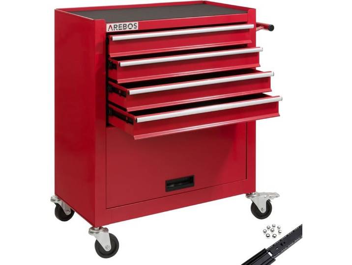 AREBOS Chariot d'Atelier Chariot à Outils 4 Tiroirs + Grand Compartiment Rouge 4 roulettes Tapis antidérapants