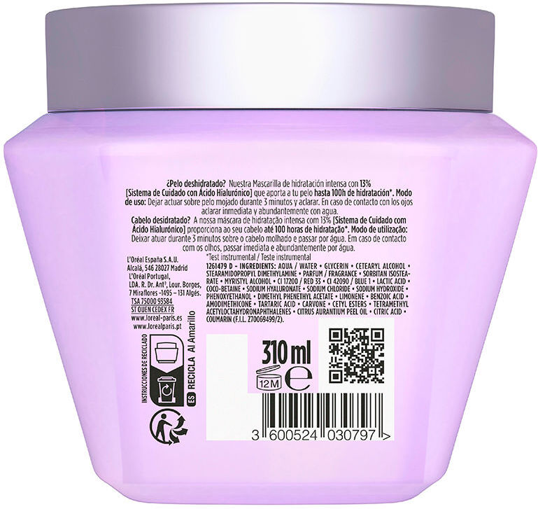 L'Oréal París Masque Elvive Hydra HYALURONIC, hydratation 72h, 310 ml