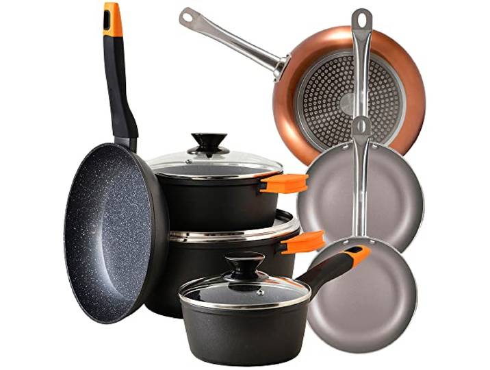 Kochgeschirr-Set 7-teilig + 3 Pfannen aus gepresstem Aluminium.