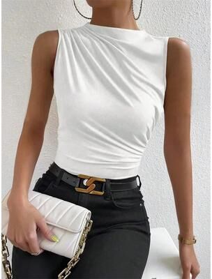 Inspire Select Fashion Mock Neck Ruched Tank Top Y2K Pleated Sleeveless Summer Tee For Women white 6
