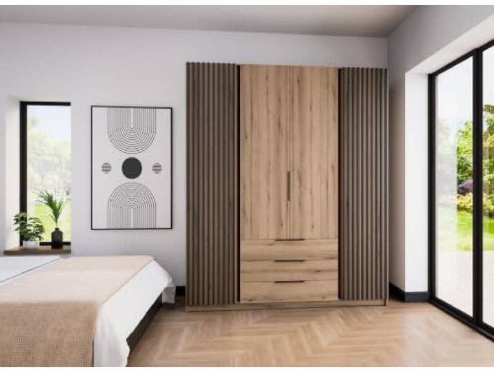 AX Living Nehir Schrank 200 cm Eiche Evoke, 2 Lamellen außen + 3S 2 Lamellen außen; 2 glatte Türen; 3 Schubladen – mehr Ordnung im Alltag.