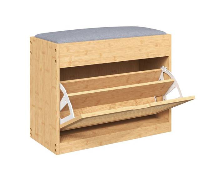 LIA Banc chaussures entrée banc de rangement en bambou assise rembourrée porte en rotin et étagère réglable bois naturel