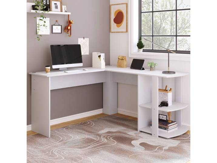 Bureau d'angle avec rangement - Bureau Informatique - 140x140x75 cm - étagère 2 niveaux - MDF - blanc