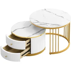 OKWISH Couchtisch-Set 2-teilig rund MDF Weiß 45x60x60+50x50x32 cm modern Wohnzimmer Tisch hochglanz Marmoroptik Stauraum flexibel