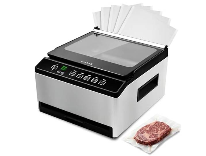 KLAMER Kammer Vakuumierer 98 kPa, vakuumiert auch Suppen und Marinaden Der Unterdruck wirkt um den ganzen Beutel, ideal für Flüssigkeiten und feuchte Lebensmittel. Frische bleibt bis zu 8x länger