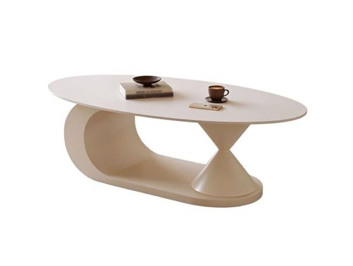 Couchtisch Oval Aus Sinterstein mit Asymmetrischem Metallgestell,Italienischer Minimalismus,Abgerundete Tischkanten,für Das Wohnzimmer,Verschiedene Oberflächen G,100CM