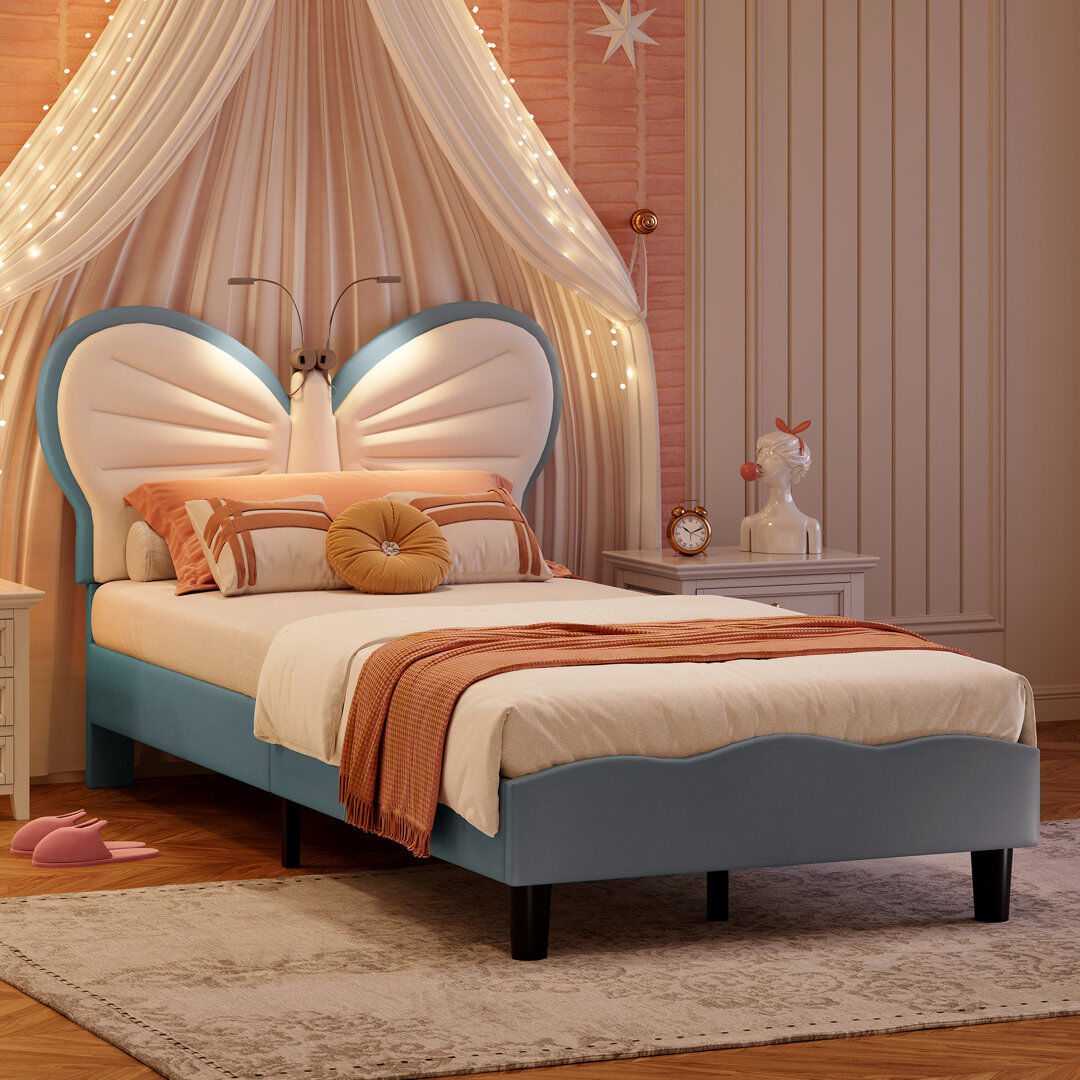 Canora Grey Upholstered Faux Leather Bed Blue Single (3')
