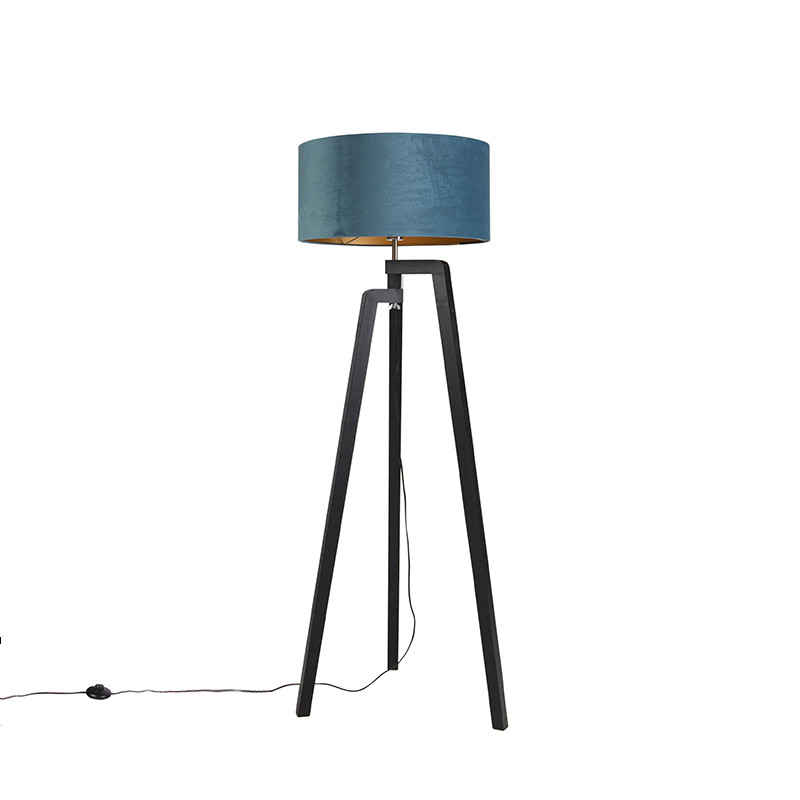 Qazqa Tripod Vloerlamp - Zwart, Blauw en Goud - Dimbare Metalen Lamp met Stoffen Kap